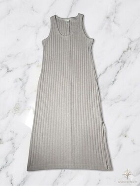 H&M Rib-Knit Sleeveless Midi Dress Beige Oatmeal Scoop Neck Side Slit Neutral M